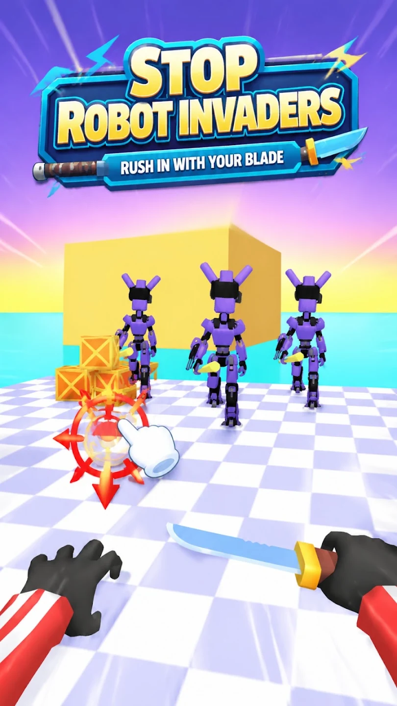 Mobile game scene with robot invaders and a blade challenge